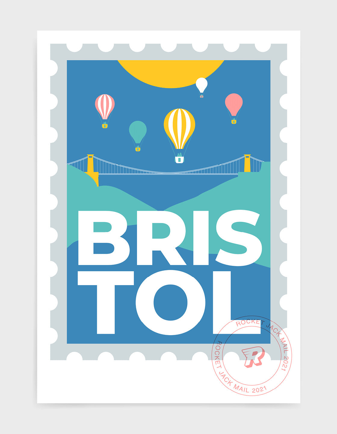Customisable Bristol stamp print featuring the suspension bridge and hot air balloons against a bright background