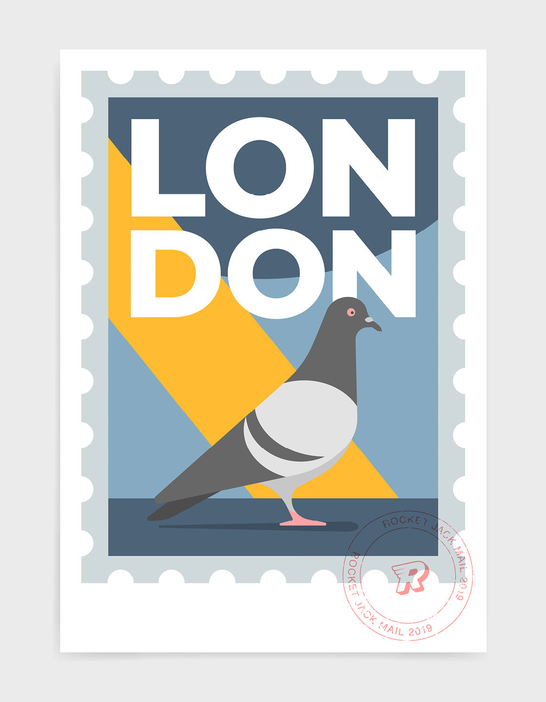 Customisable London stamp print featuring a pigeon against a grey and yellow background
