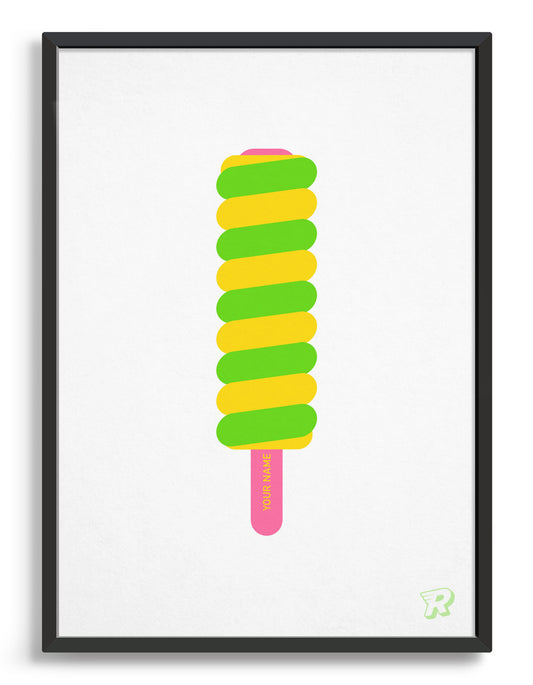 twister style lolly print poster in bright yellow and green with a pink stick