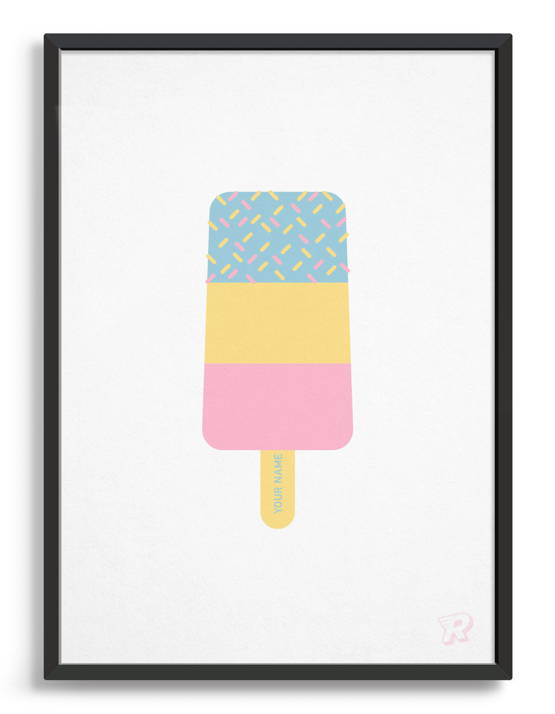 fab ice lolly print in pale blue, yellow and pink with Personalised name on yellow stick