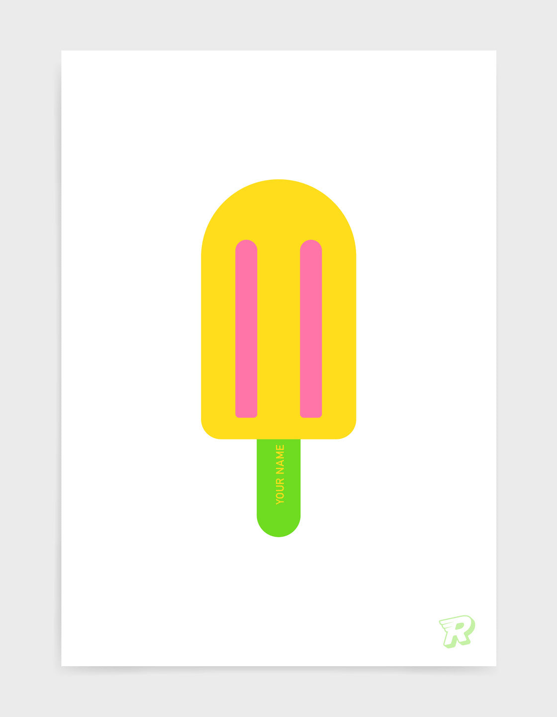 popsicle ice lolly art print with yellow lolly on a green stick against a white background