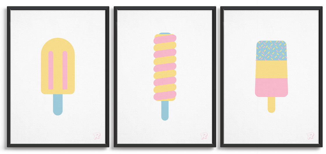 Set of 3 ice lolly prints in pastel colours including twister lolly, fab ice lolly and split