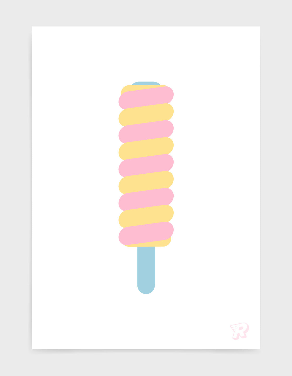 twister ice lolly print with pink and yellow swirls and a pale blue stick on a white background