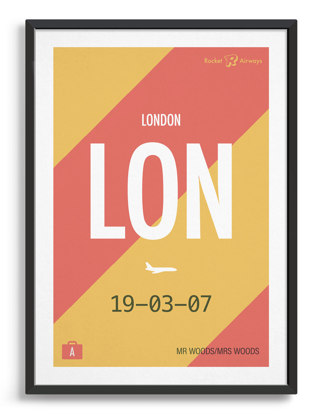Retro travel destination print in coral & yellow with customisable details