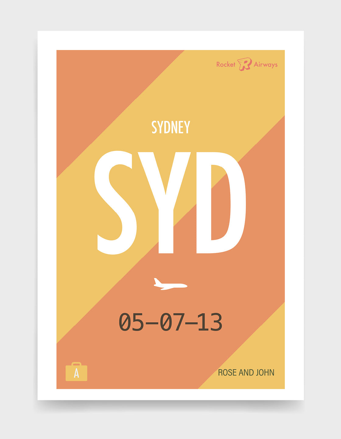 Retro travel destination print in orange & yellow with customisable details