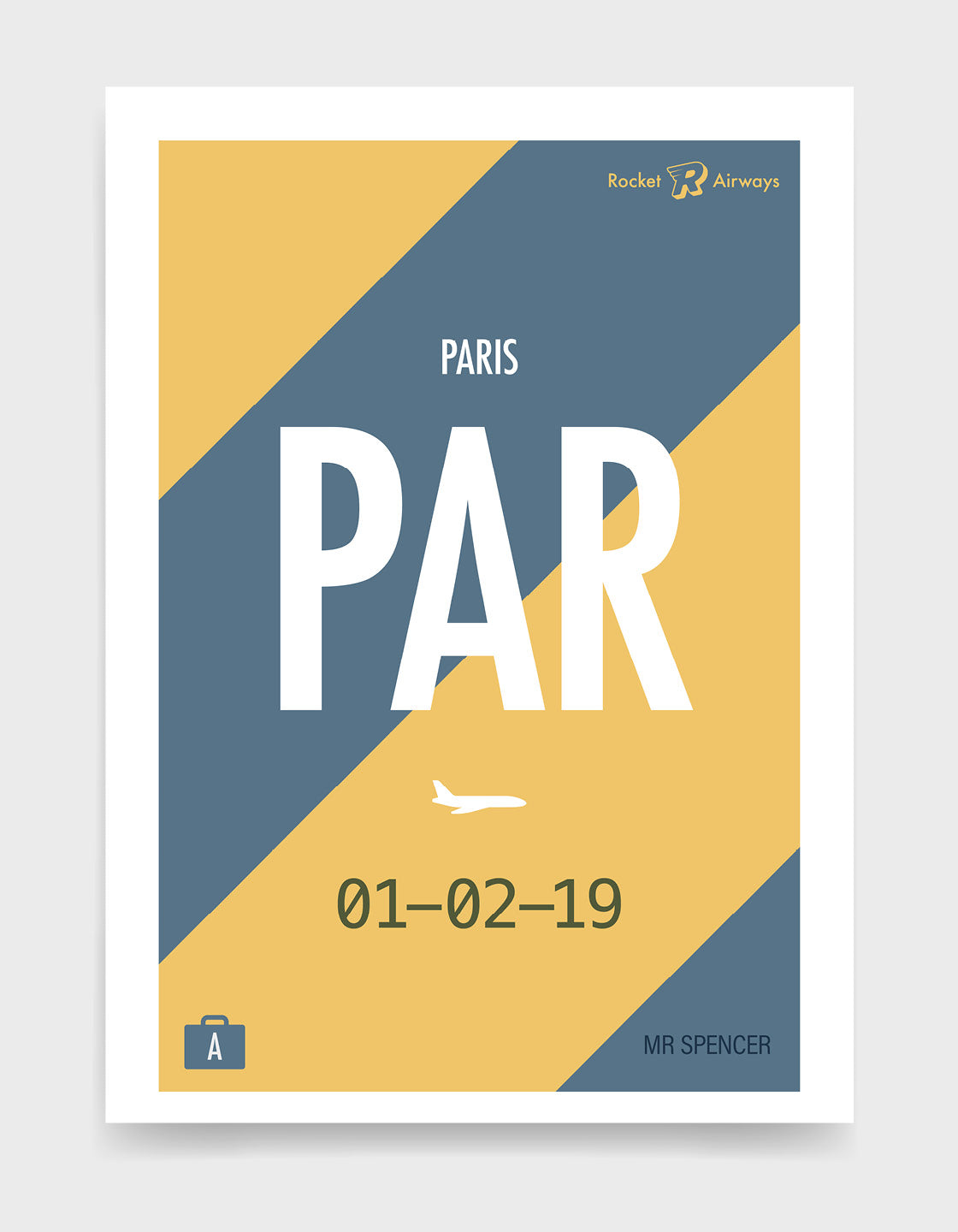 Retro travel destination print in blue & yellow with customisable details