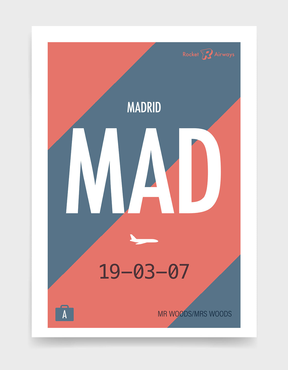 Retro travel destination print in blue & coral with customisable details