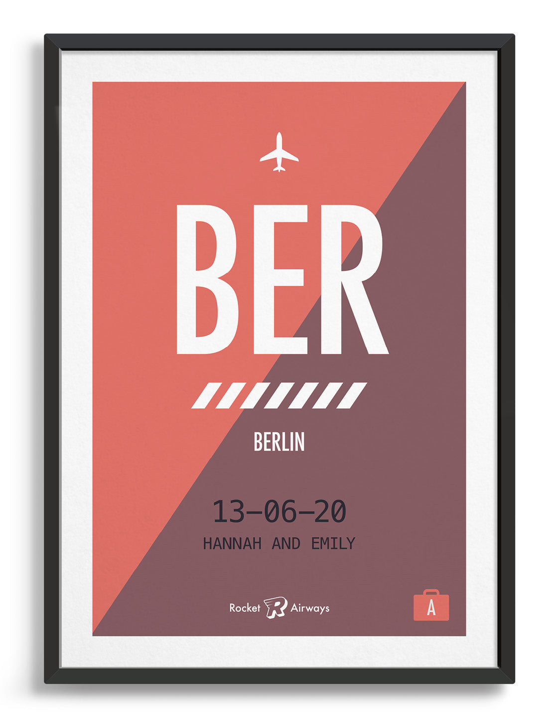 Retro travel destination print in plum and coral with customisable details