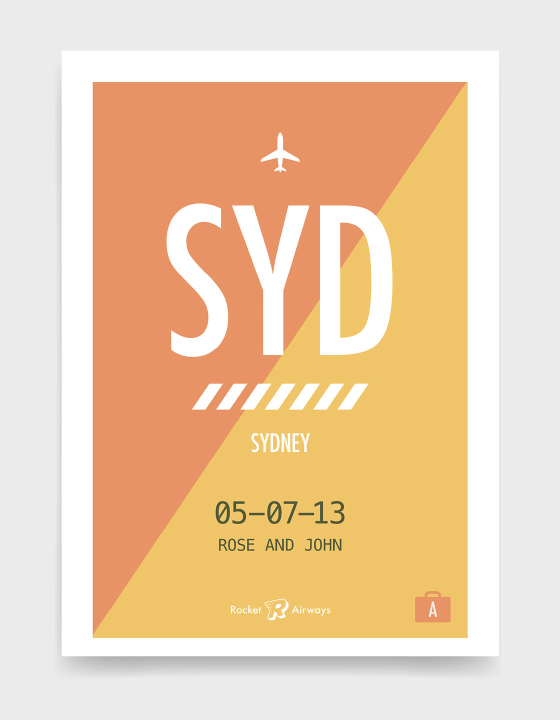 Retro travel destination print in orange & yellow with customisable details