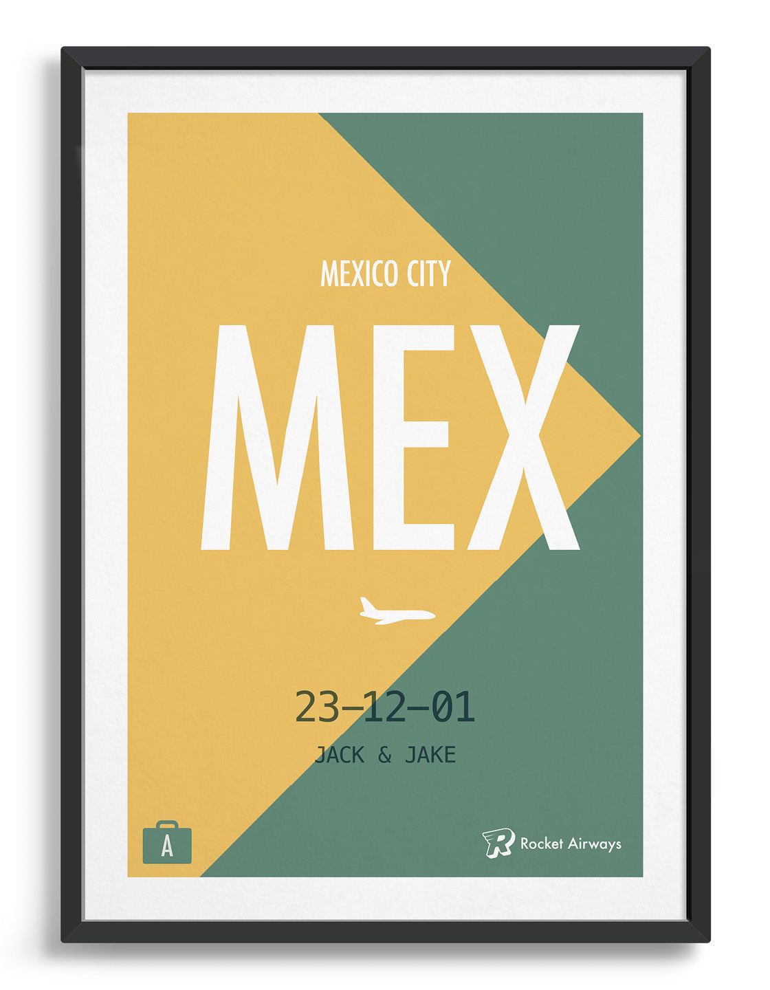 Retro travel destination print in green & yellow with customisable details