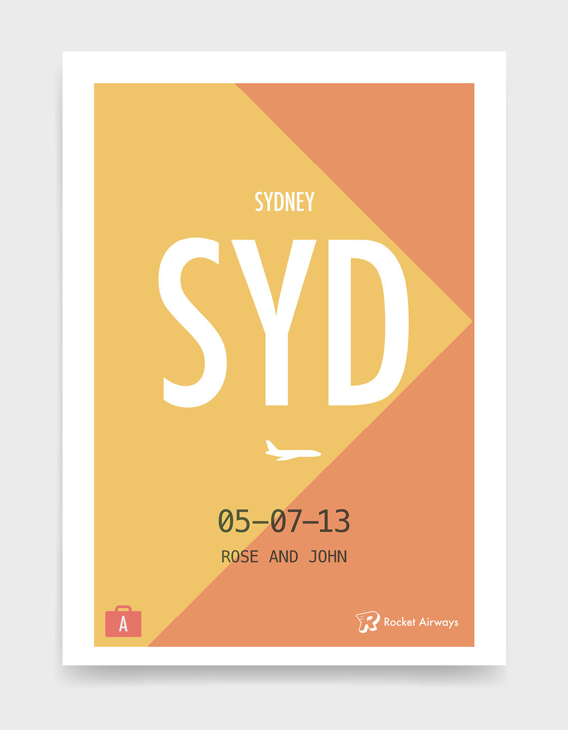 Retro travel destination print in orange & yellow with customisable details
