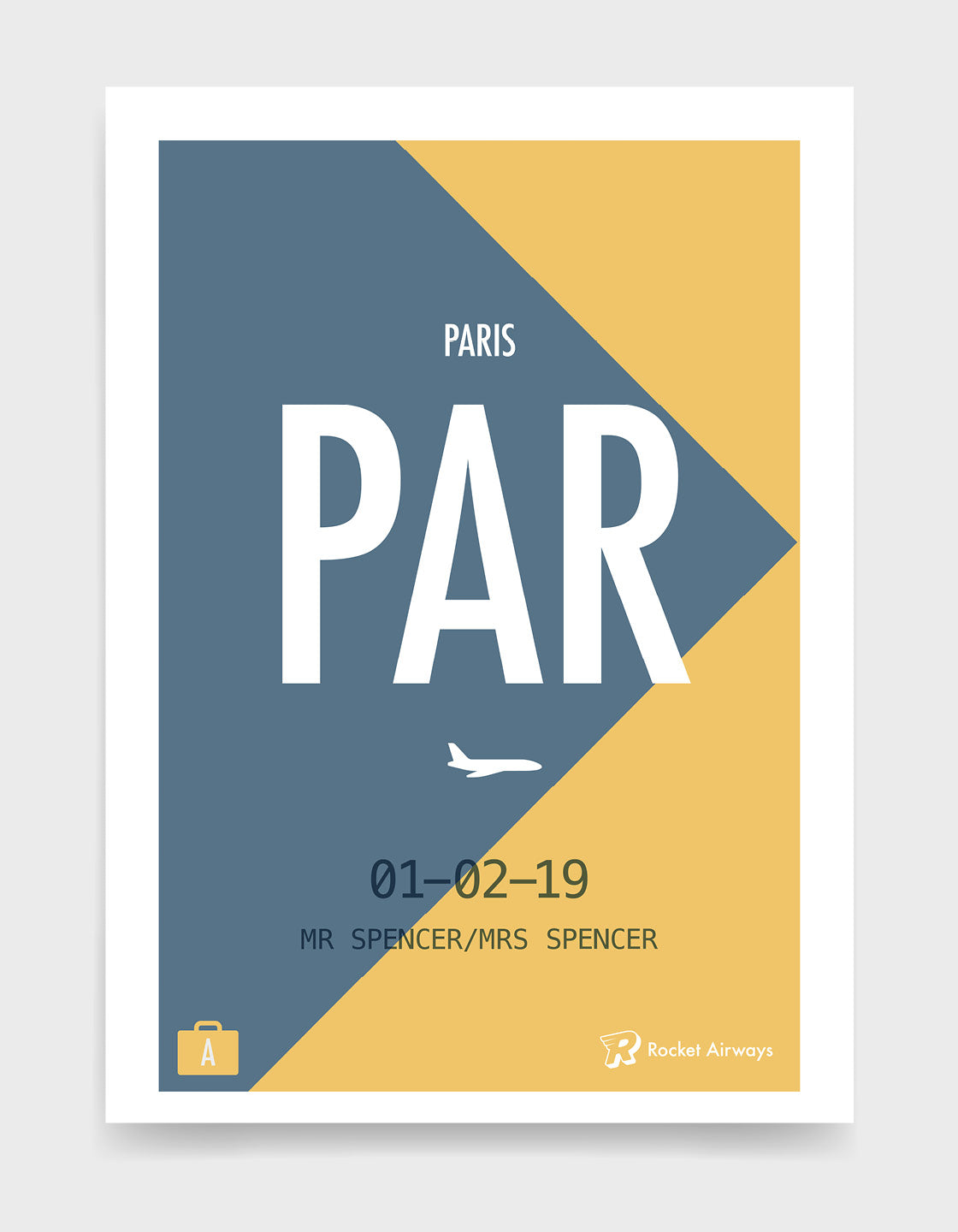 Retro travel destination print in blue & yellow with customisable details