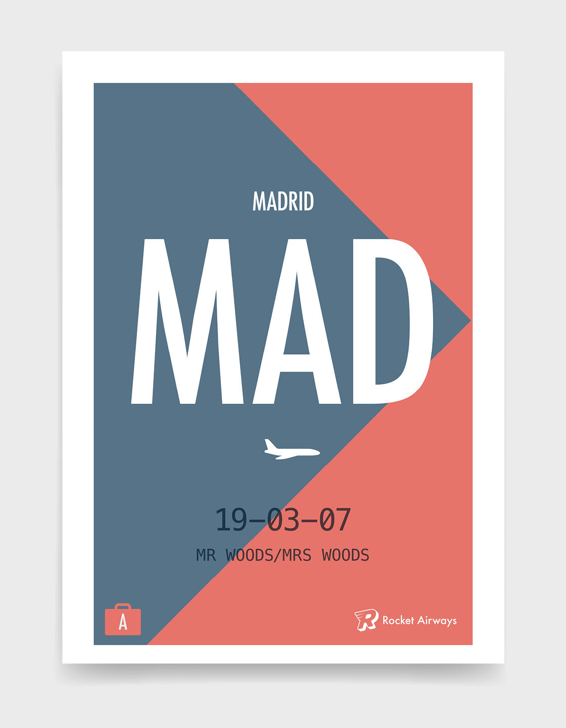 Retro travel destination print in blue & coral with customisable details