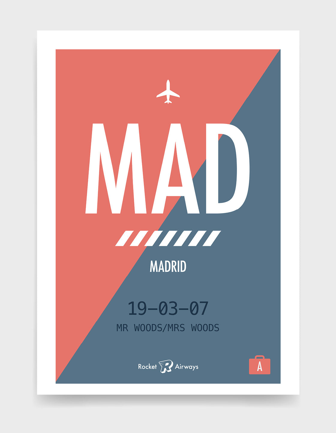 Retro travel destination print in blue & coral with customisable details