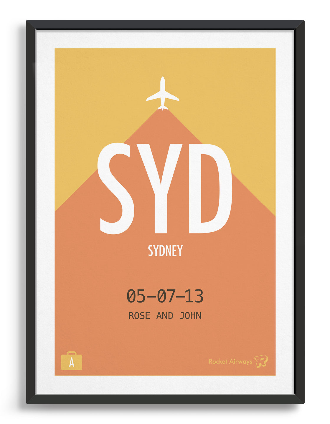 Retro travel destination print in orange & yellow with customisable details