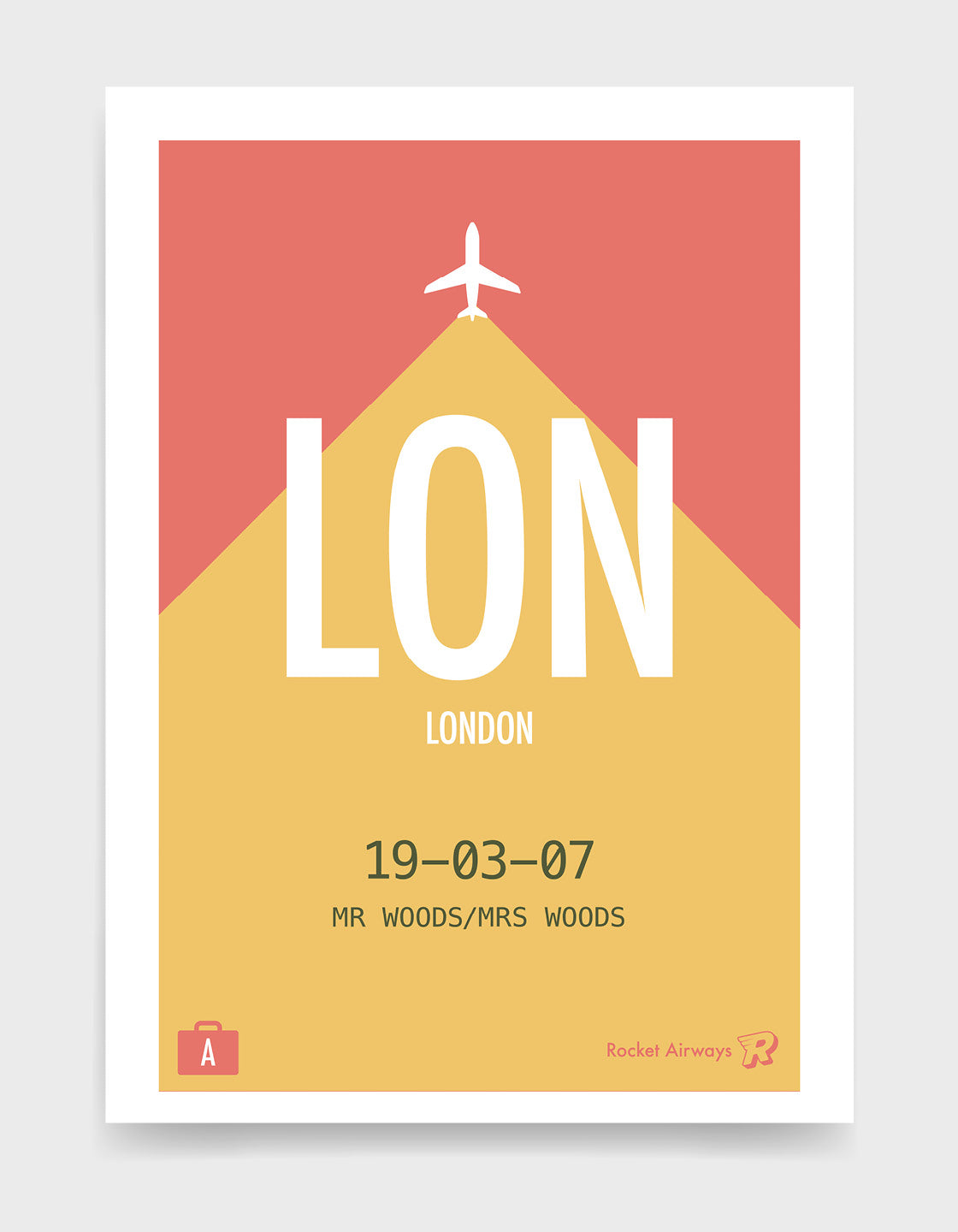 Retro travel destination print in coral & yellow with customisable details