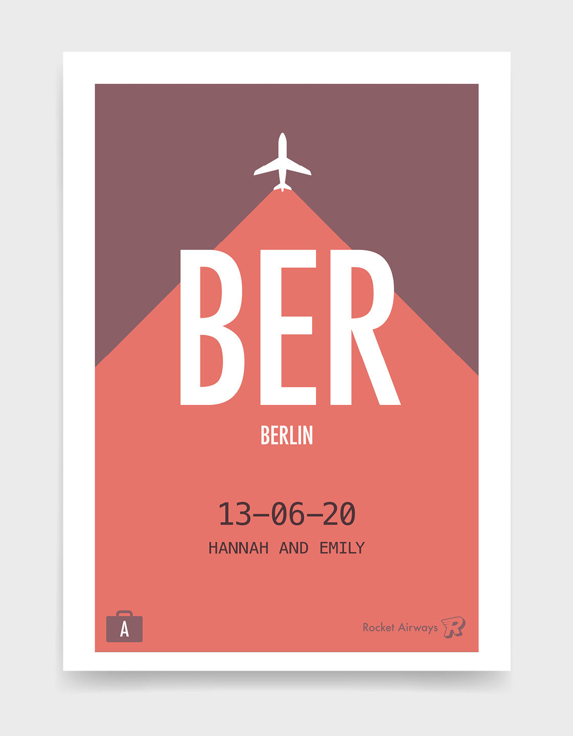 Retro travel destination print in plum & coral with customisable details