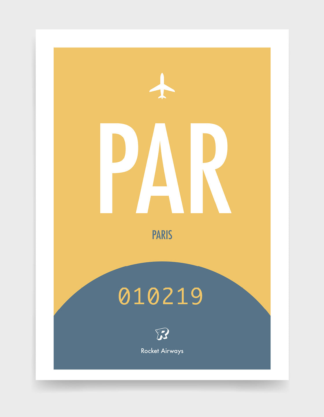 Retro travel destination print in blue & yellow with customisable details