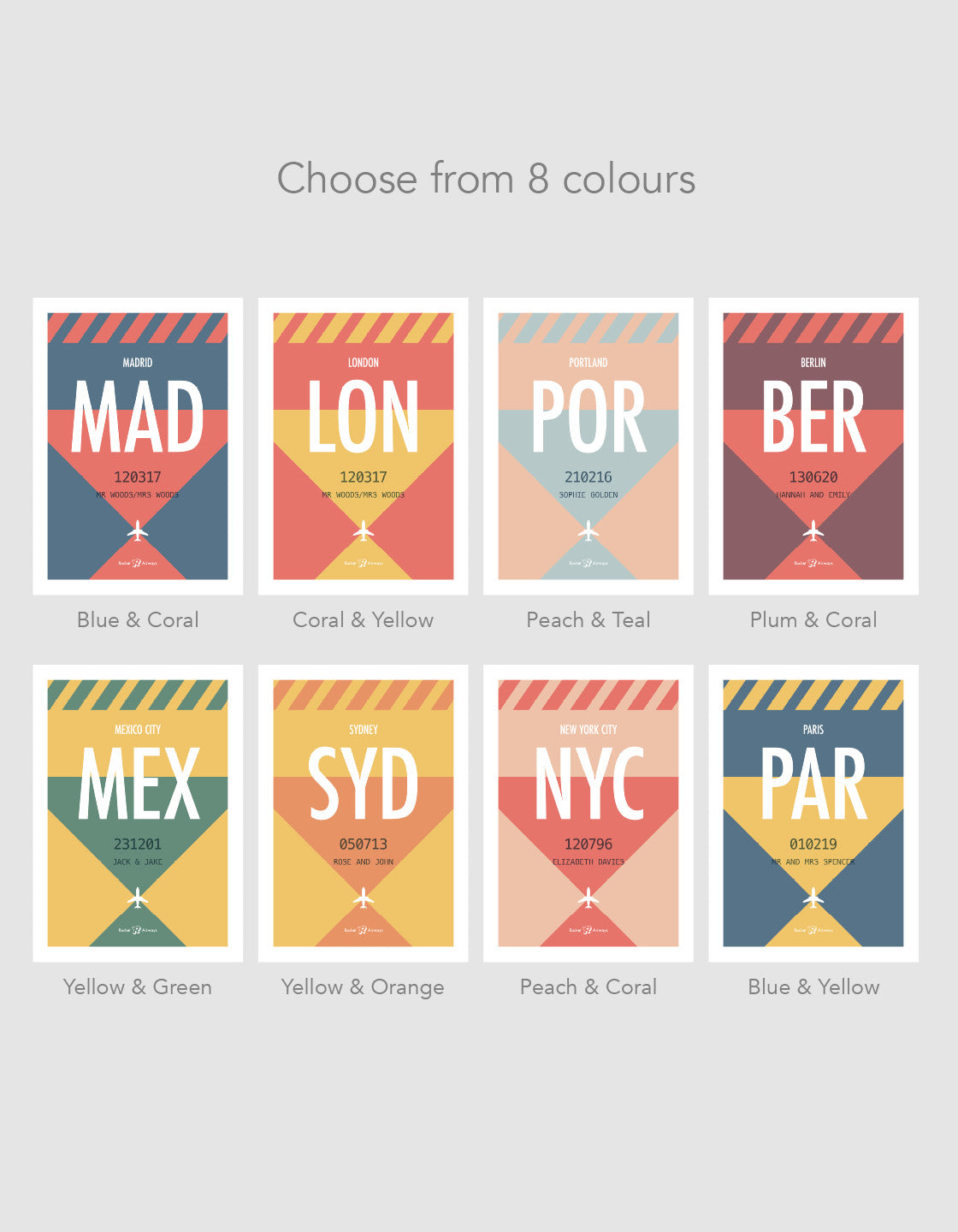 Images depicting all 8 designs available in the retro destination print collection