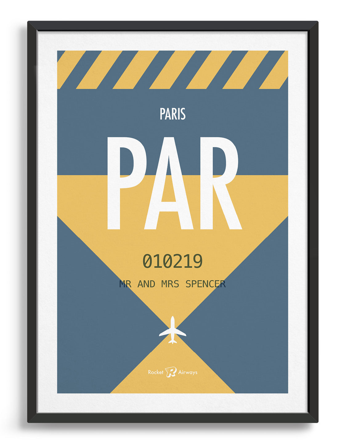 Retro travel destination print in blue & yellow with customisable details
