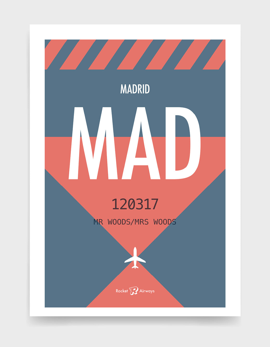 Retro travel destination print in blue and coral with customisable details