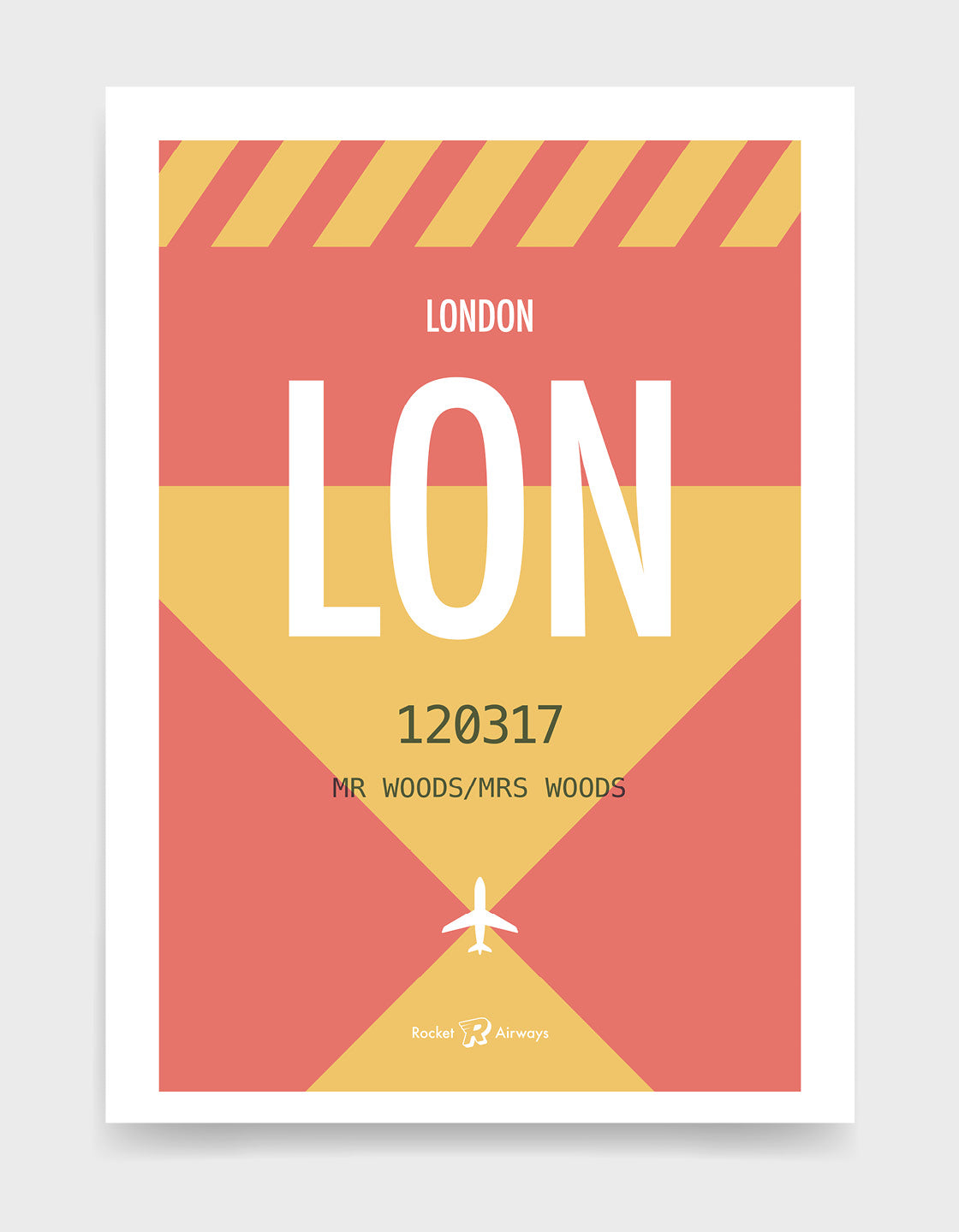 Retro travel destination print in coral and yellow with customisable details
