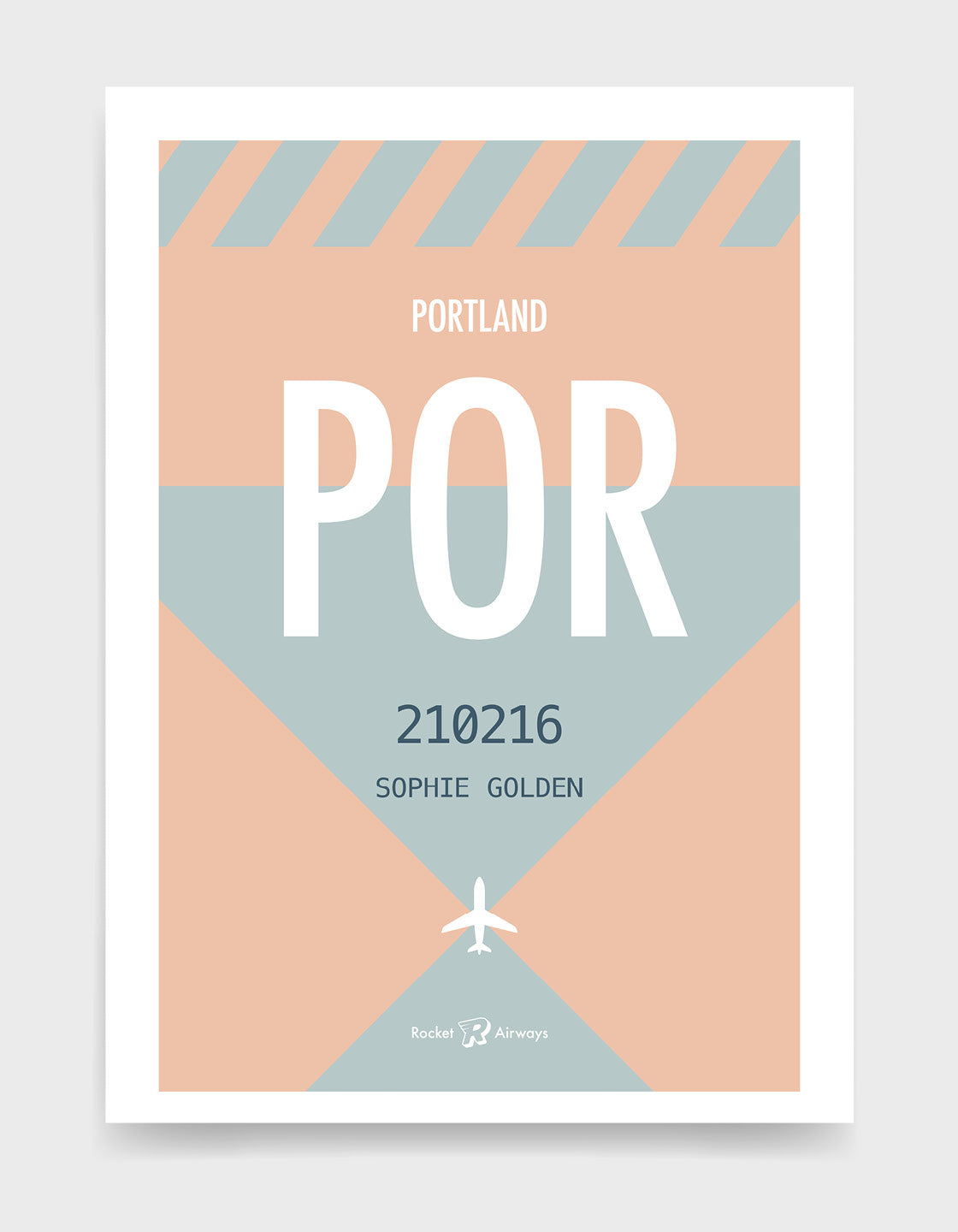 Retro travel destination print in peach and teal with customisable details
