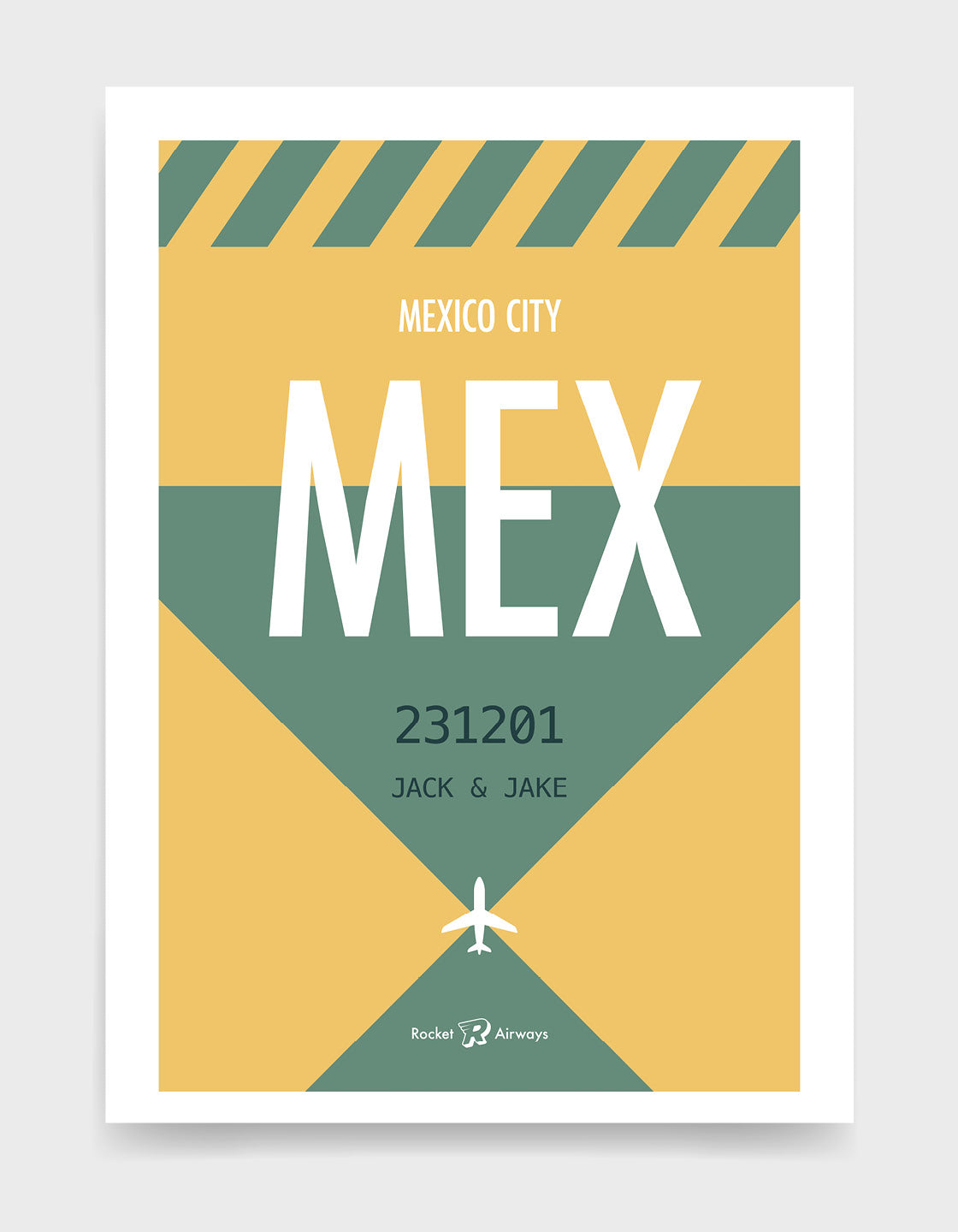 Retro travel destination print in green & yellow with customisable details