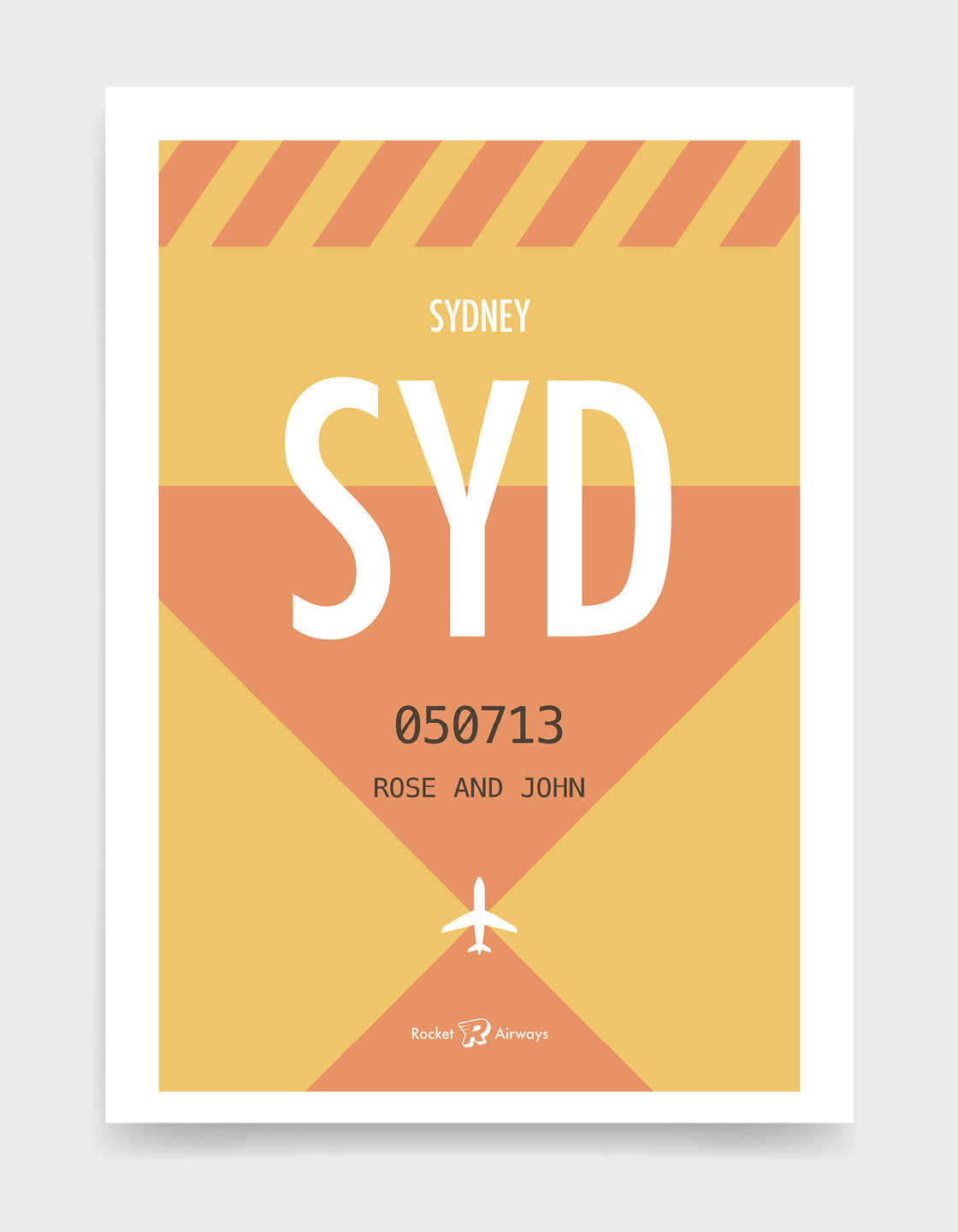 Retro travel destination print in orange & yellow with customisable details