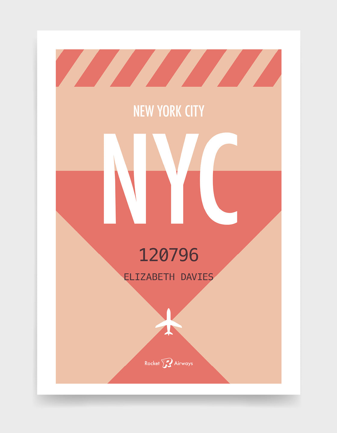Retro travel destination print in peach and coral with customisable details