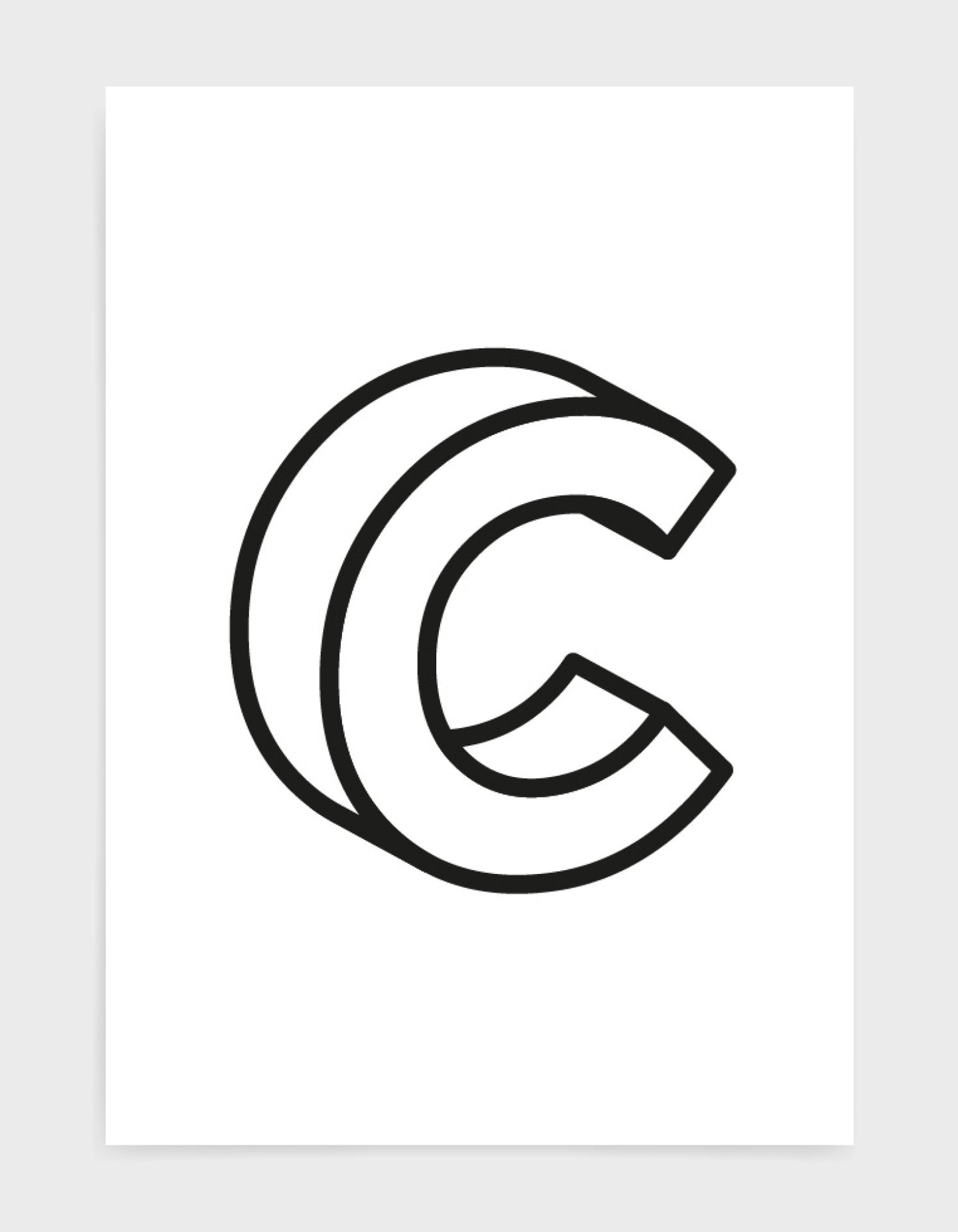 monochrome typography alphabet print depicting the letter C in 3D black type
