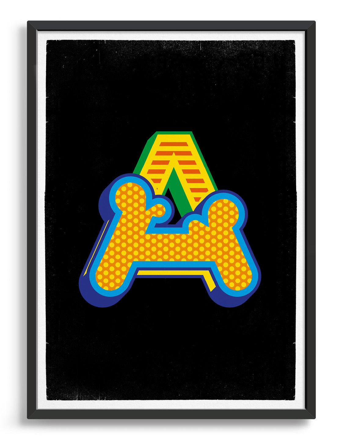 Custom initial print in a bright custom font against a black background