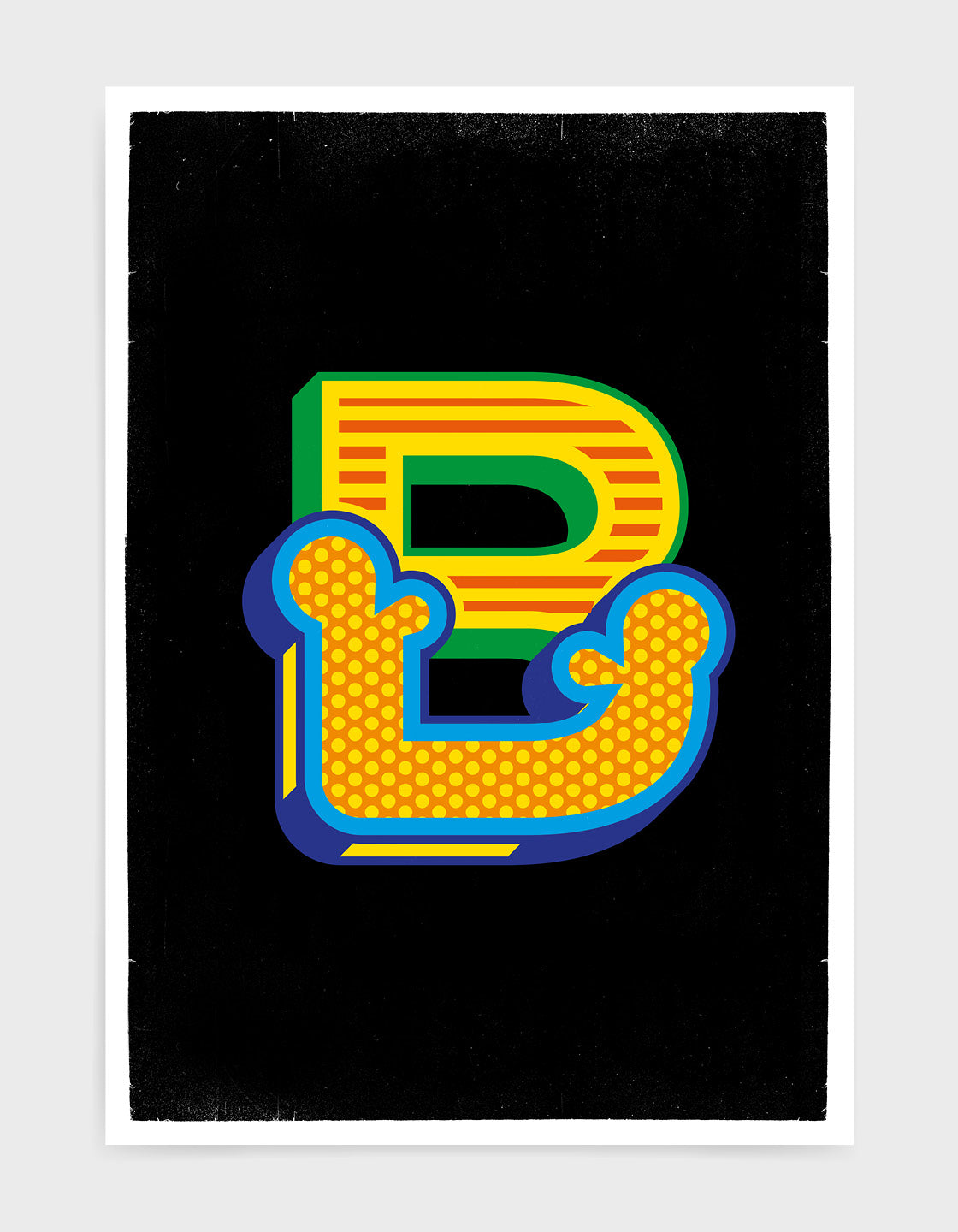 Custom initial print in a bright custom font against a black background