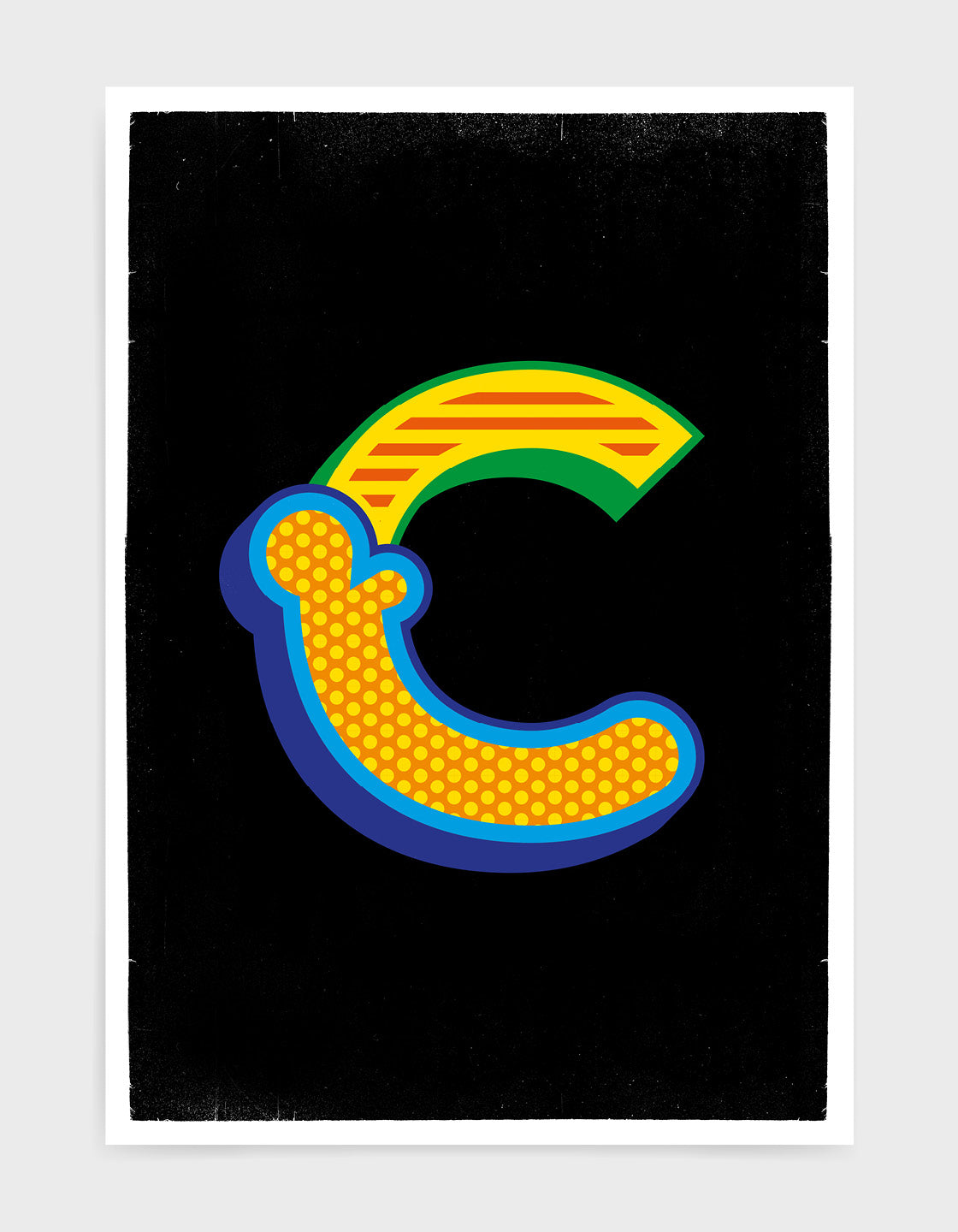 Letter C Custom initial print in a bright custom font against a black background