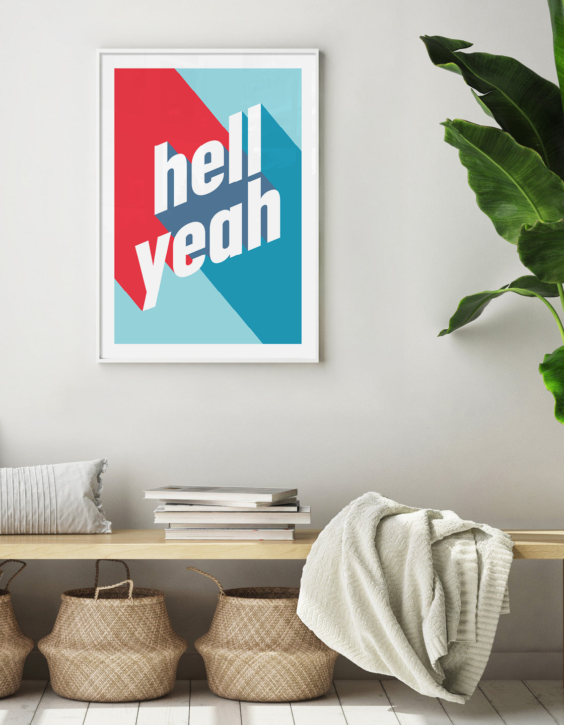 Bold typography print with hell yeah in lowercase white type against a red and blue background