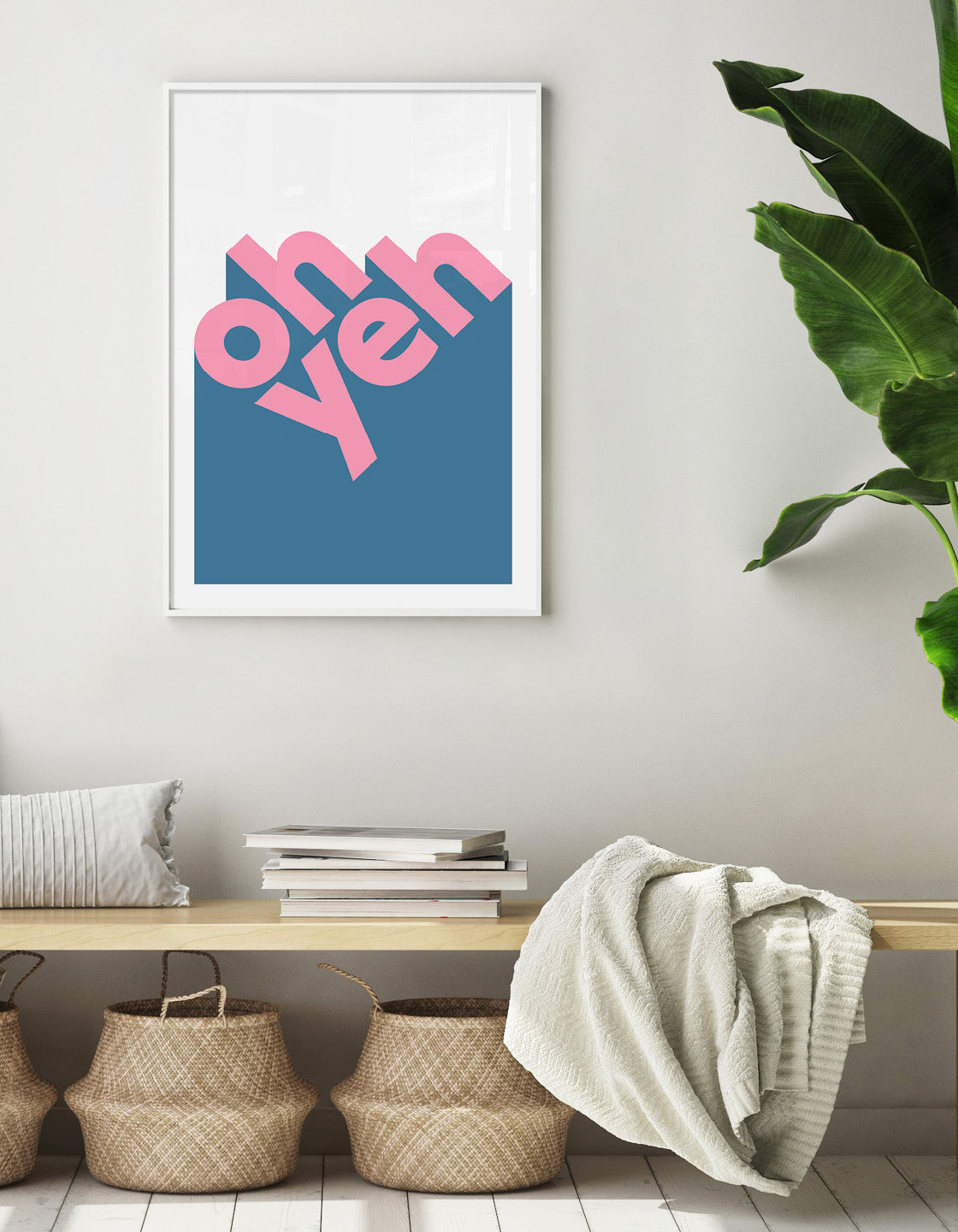modern typography print with the words oh yeh in lower case pink text against a blue and white background