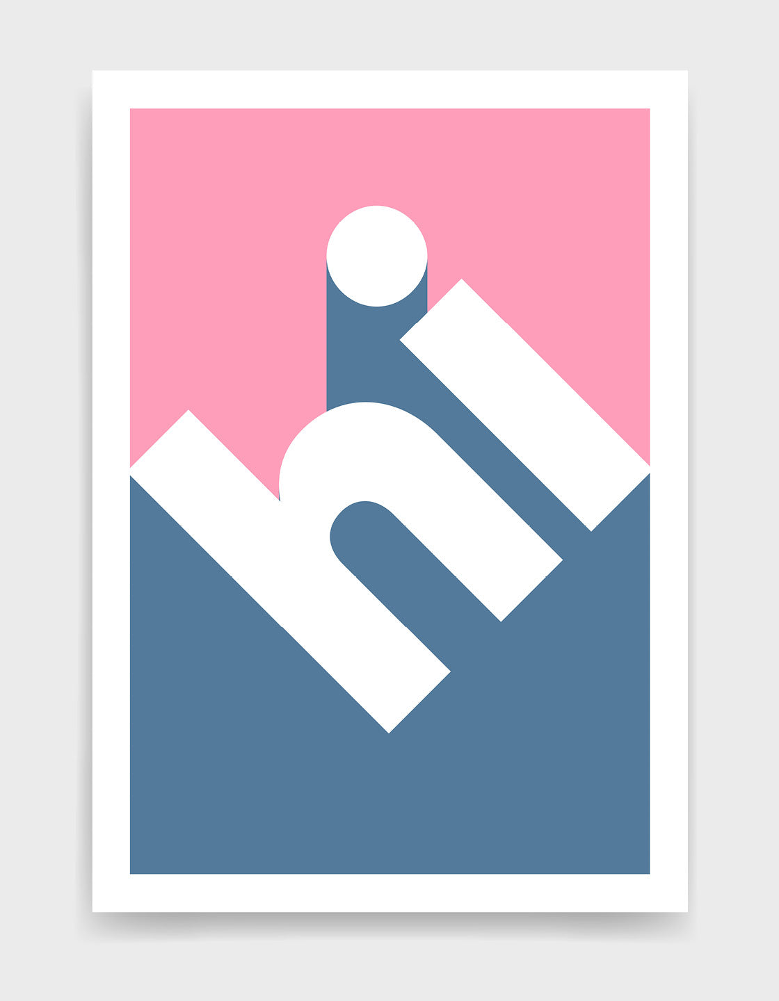 bold typography print with the word hi in bold 3d lowercase text at an angle against a blue and pink background