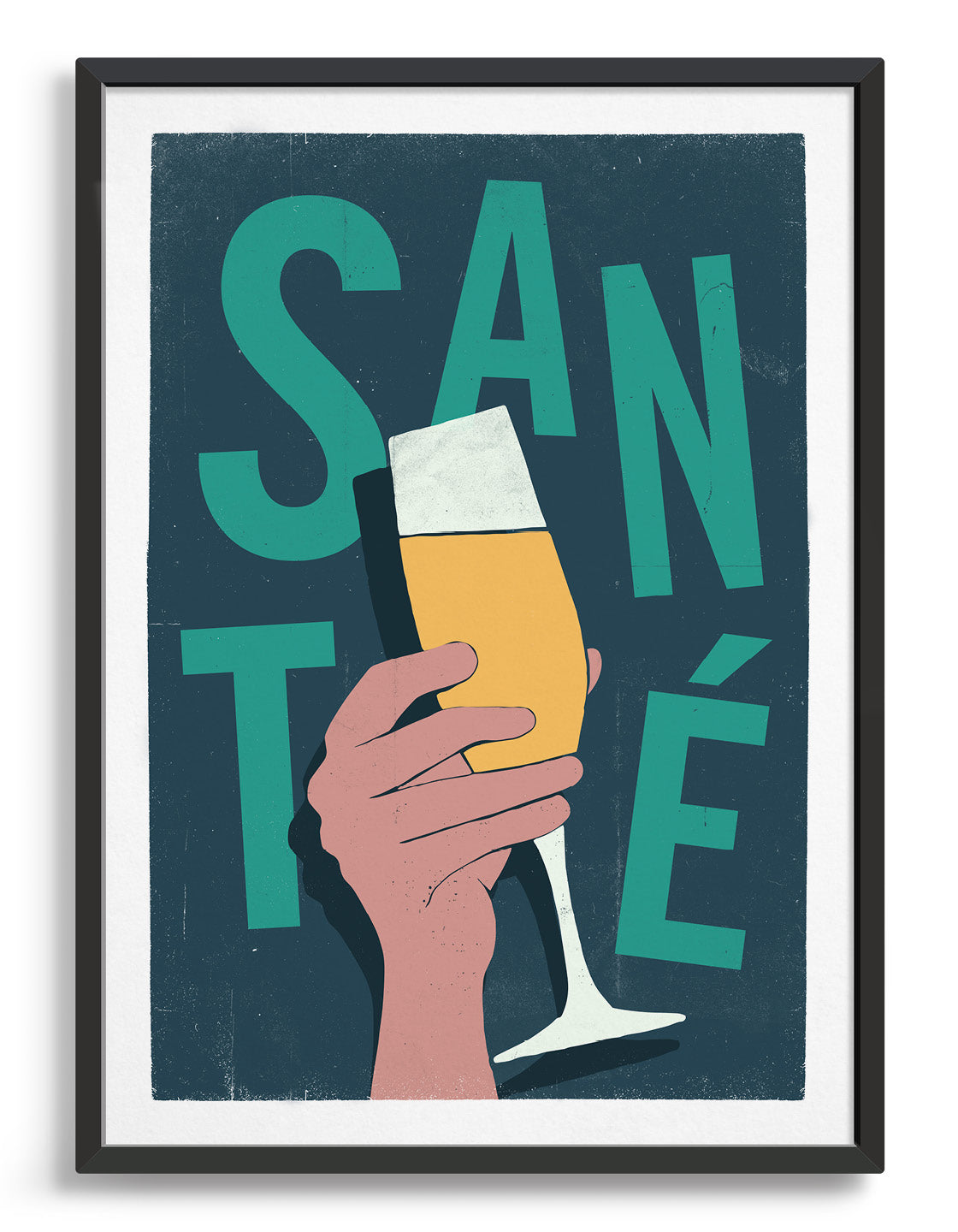 sante typography print with hand holding glass of fizz. text in green against a dark green background