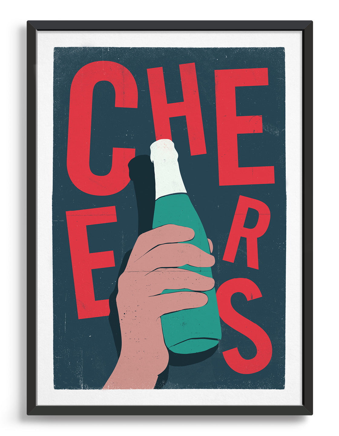 Print depicts a hand holding a bottle of beer in a 3d effect over text which says cheers in red type against a dark grey background
