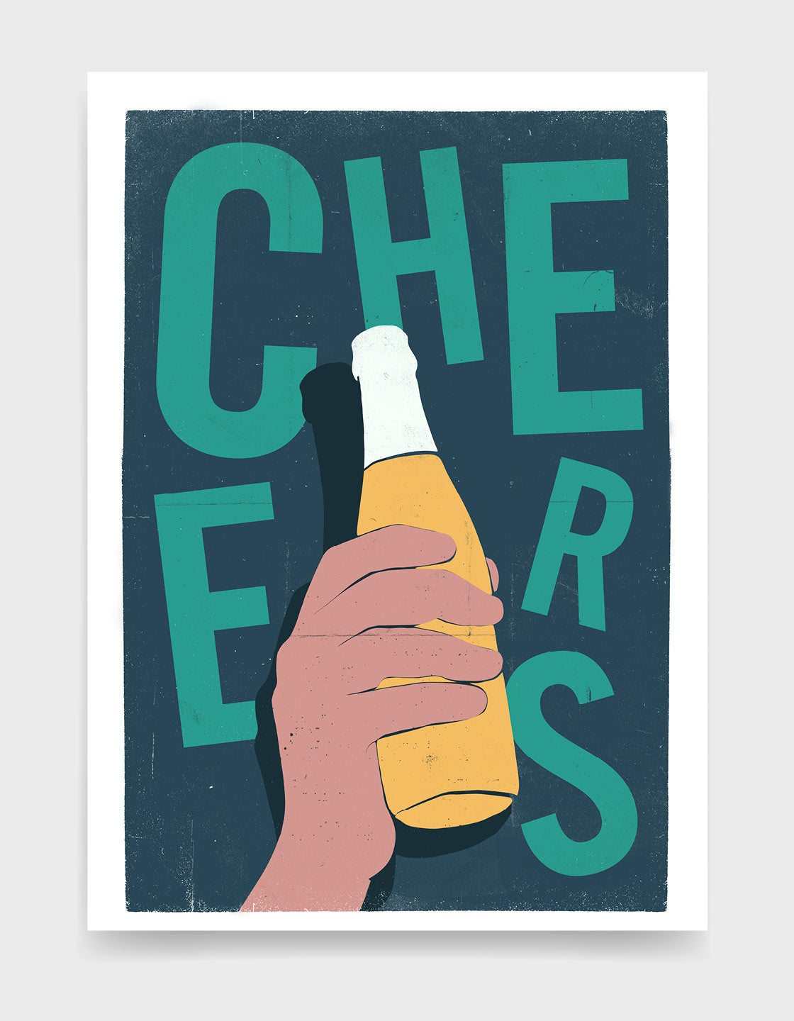 Print depicts a hand holding a bottle of beer in a 3d effect over text which says cheers in green type against a dark green background