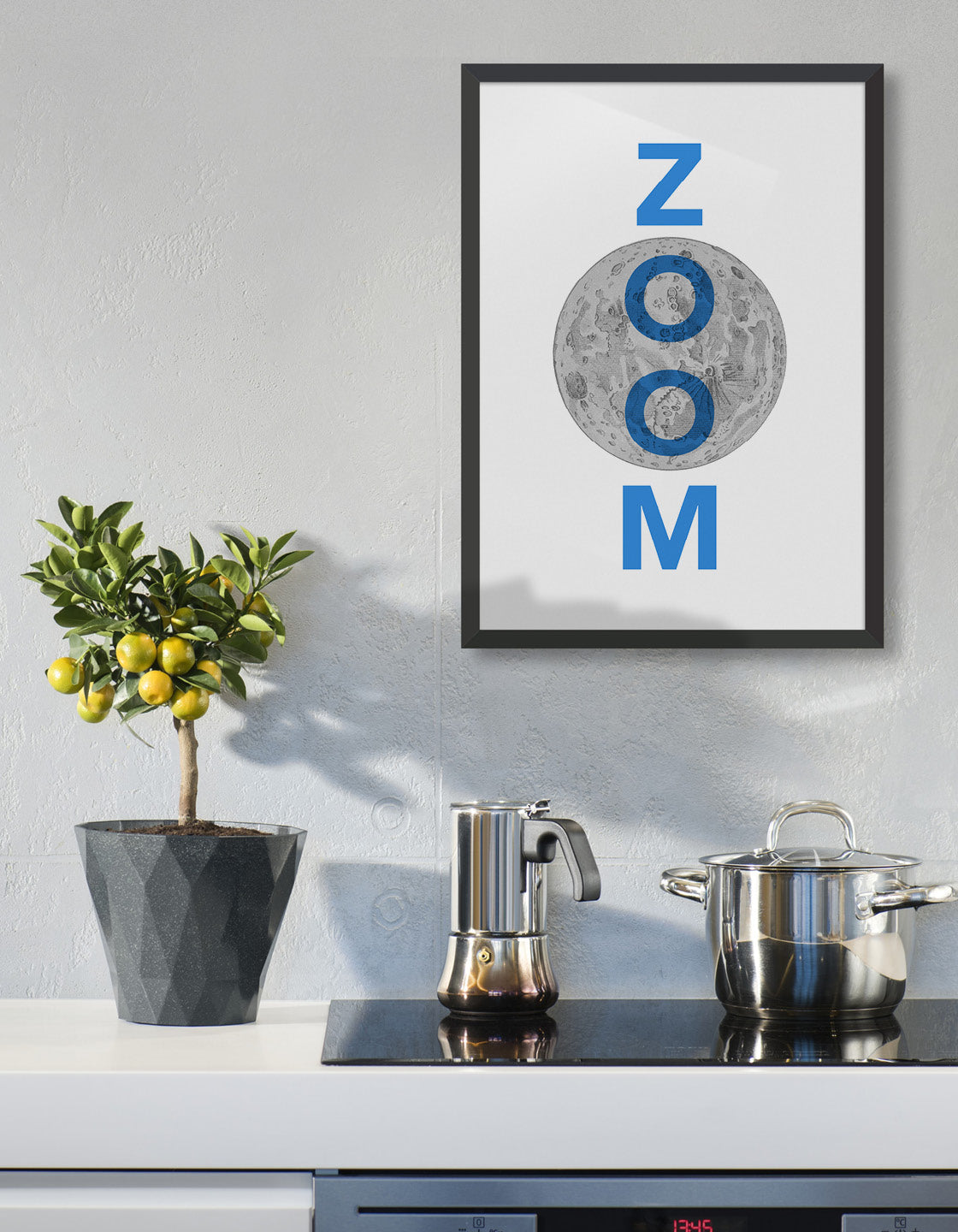 zoom to the moon typography art print. Features the word Zoom in blue text overlaid onto an archive line drawing of the moon