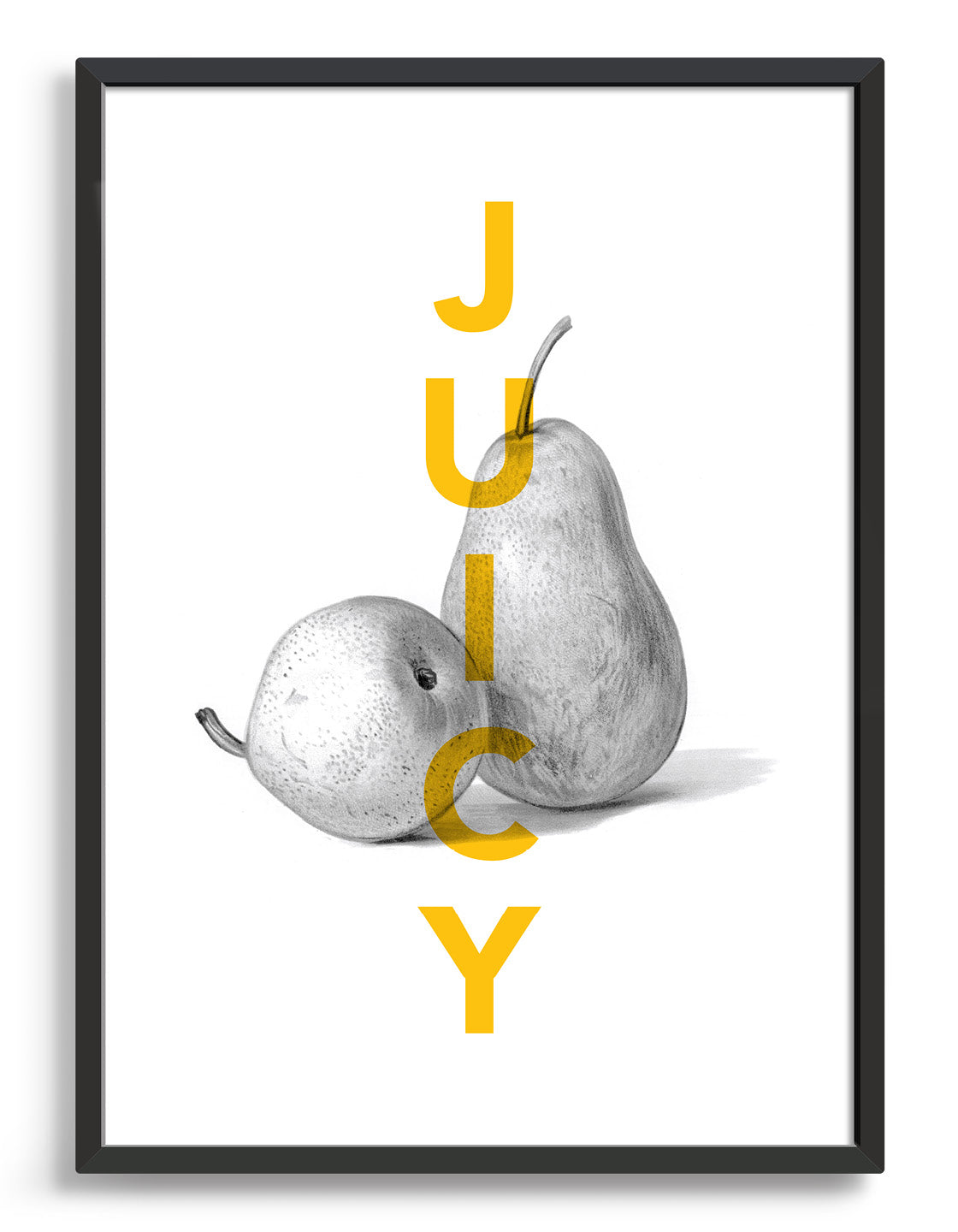 juicy pear typography print - yellow juicy text overlaid on a monochrome line drawing of pears