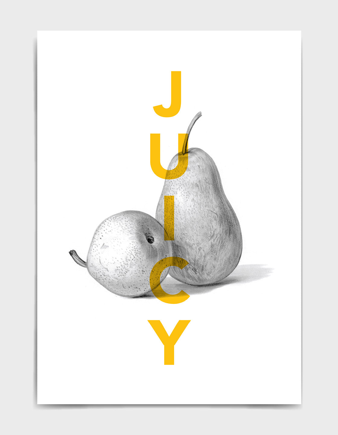 juicy pear typography print - yellow juicy text overlaid on a monochrome line drawing of pears