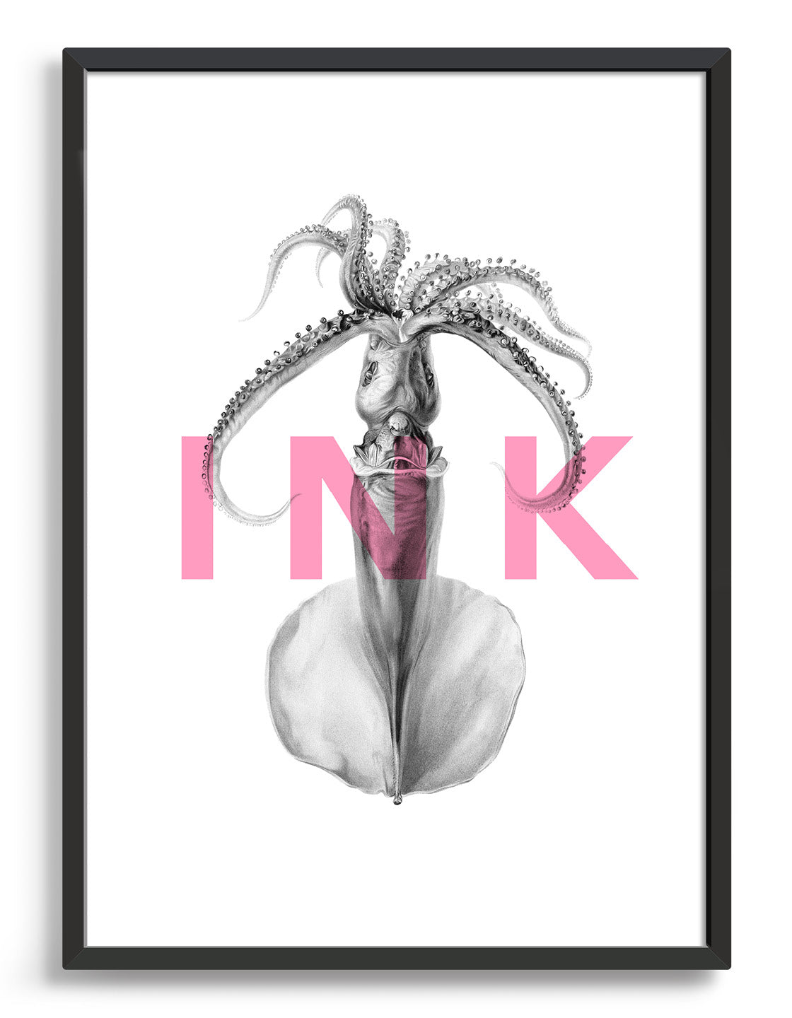 squid ink modern typography print. The word ink in pink text written horizontally over an image of a squid