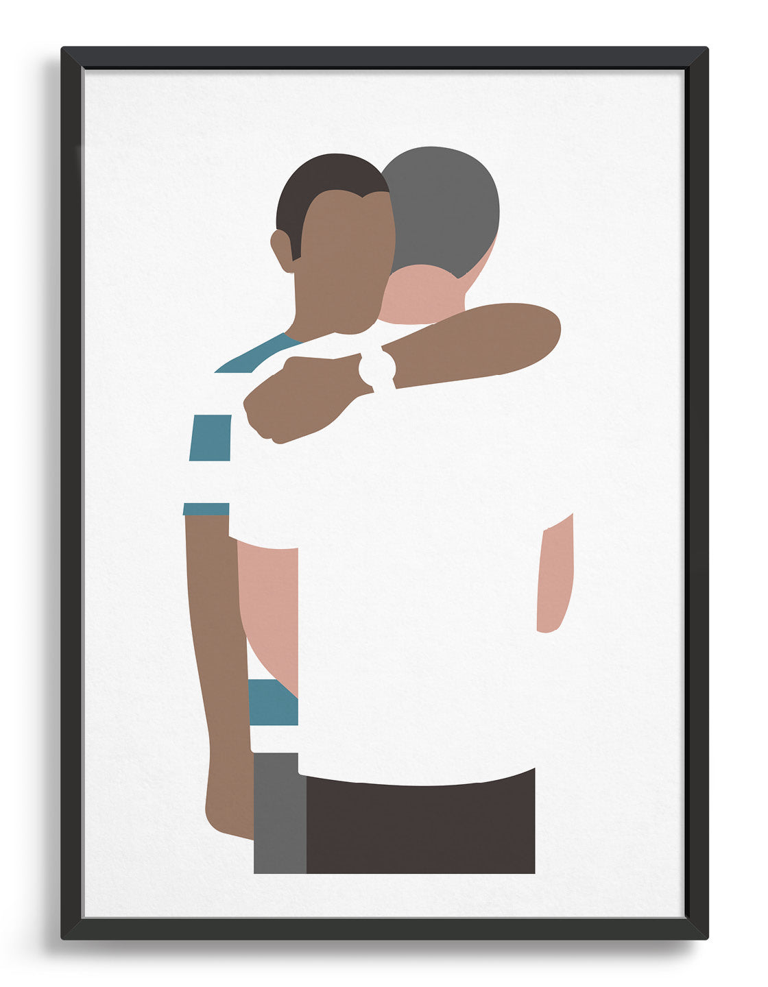 Two men embrace, one wears a stripe tshirt and leans his chin on the others shoulder
