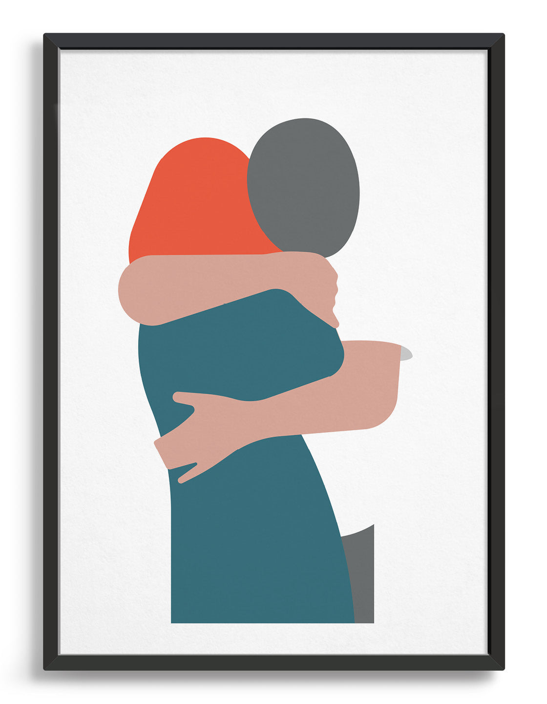 White art print depicting a woman with red hair in an embrace with a man wearing a white tshirt leaning over her shoulder a couple hugging.