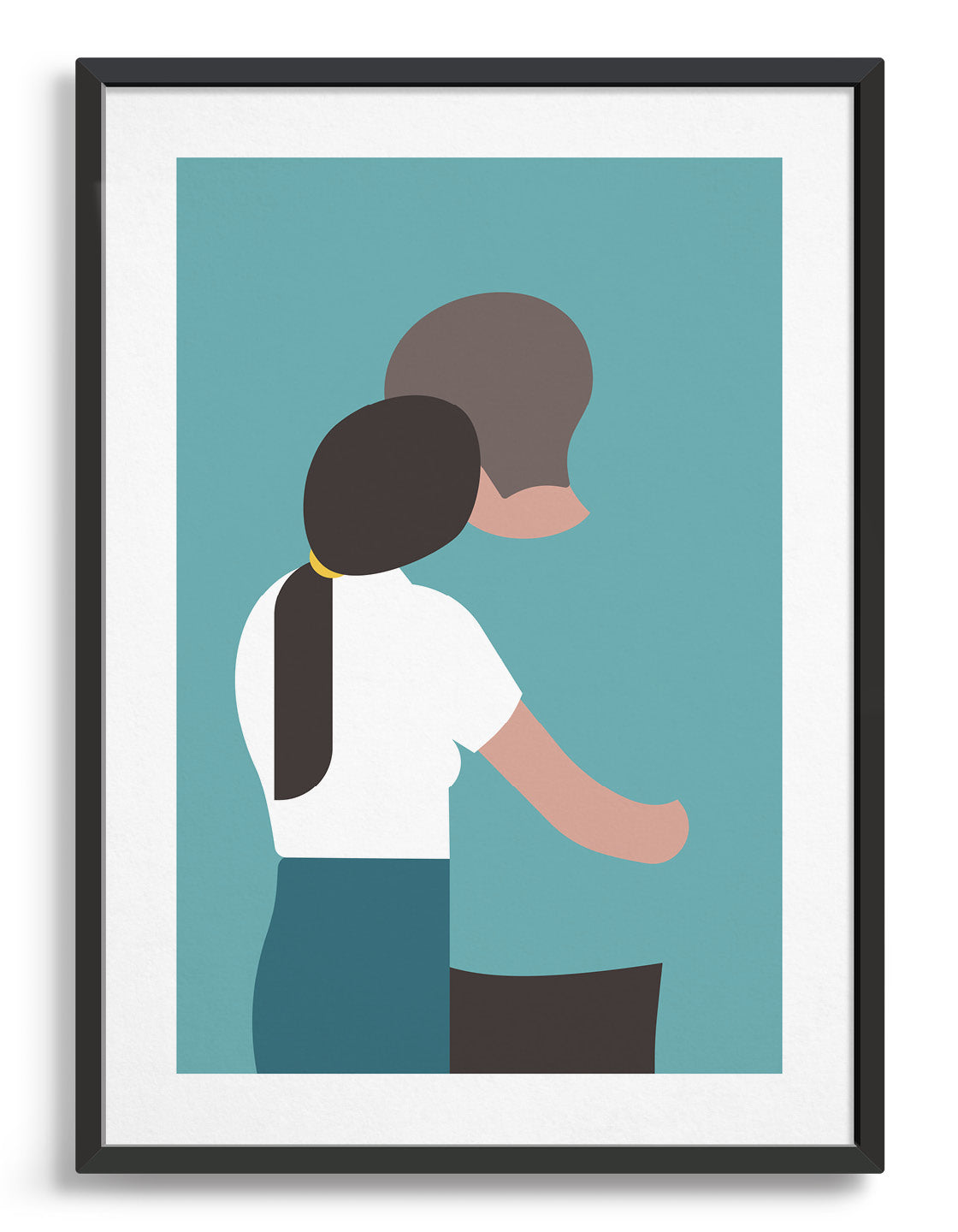 A couple stand facing away, the lady on the left rests her head on the mans shoulder. She has long dark hair in a ponytail and wear a white t-shirt, he wears a blue tshirt and dark pants. The design is set against a blue background