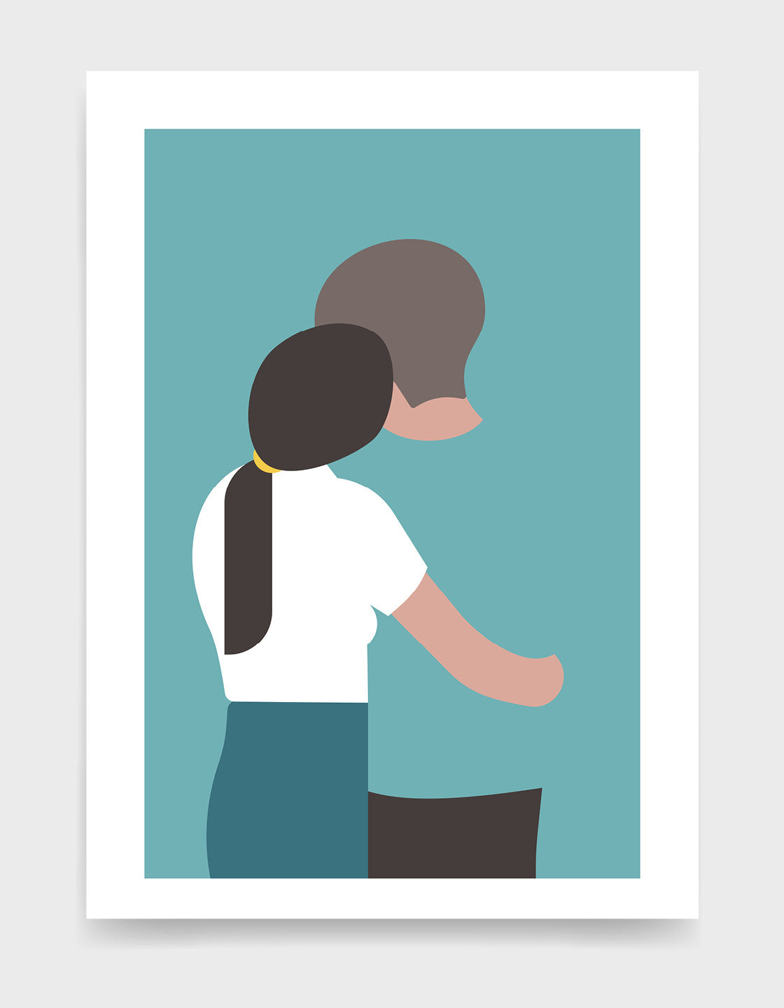 A couple stand facing away, the lady on the left rests her head on the mans shoulder. She has long dark hair in a ponytail and wear a white t-shirt, he wears a blue tshirt and dark pants. The design is set against a blue background