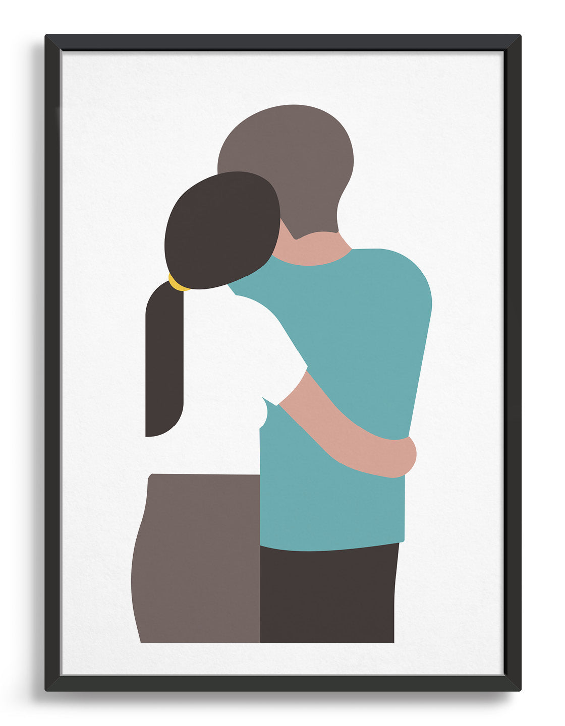 A couple stand facing away, the lady on the left rests her head on the mans shoulder. She has long dark hair in a ponytail and wear a white t-shirt, he wears a blue tshirt and dark pants. The design is set against a white background