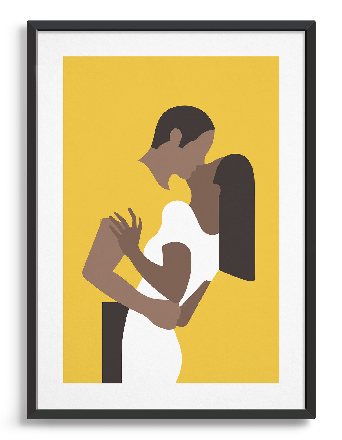Yellow poster print depicts a couple in an embrace kissing. The woman is on the right wearing a white dress and the man's yellow t-shirt blends with the background